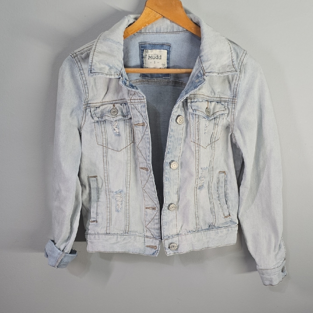 Mudd Jacket Women's Size Small Light Blue Distressed‎ Denim Jacket Ripped